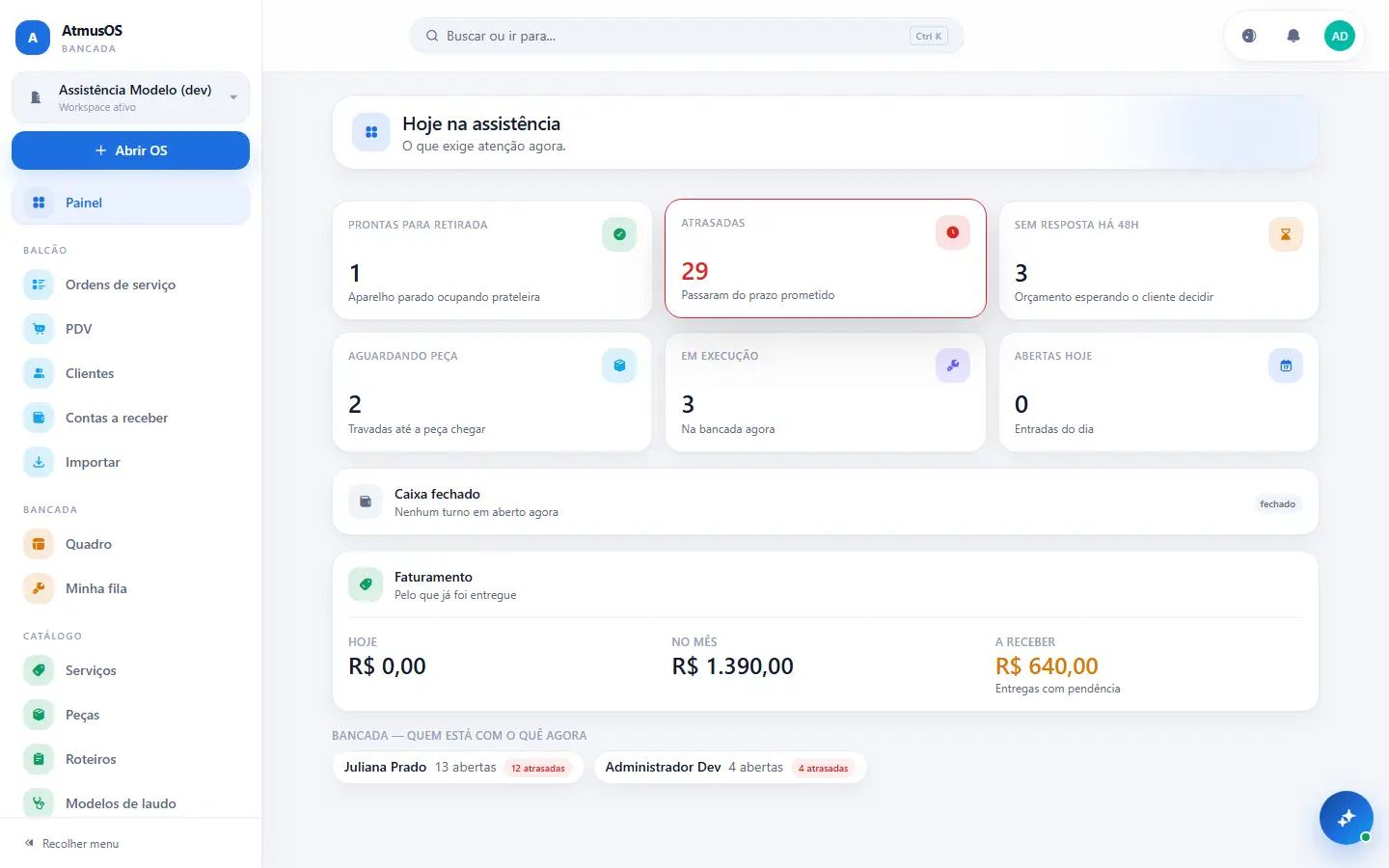 Indicadores de prazos e carga da bancada de informática no AtmusOS