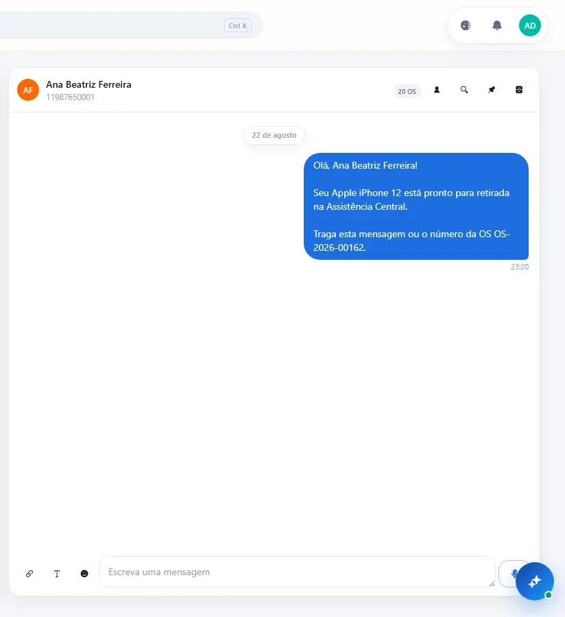 WhatsApp integrado ao AtmusOS com conversa ligada ao cliente da assistência